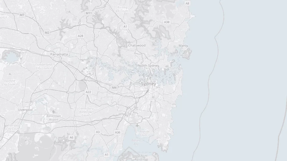 Light grey map of Sydney, from Parramatta to the coast, with a pin labelled Sydney on the WP Creative office in Ultimo, near the city centre