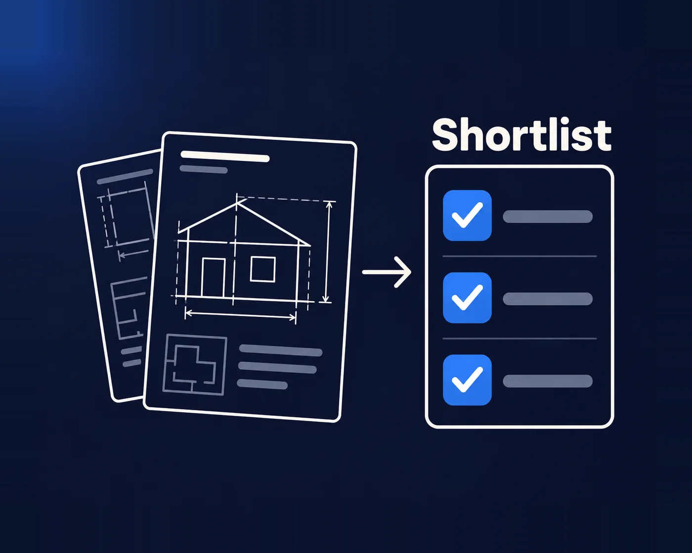 Illustration: project specification sheets feeding an AI supplier shortlist with three ticked suppliers
