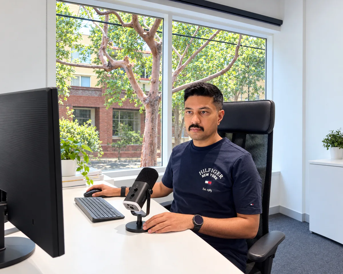 Nirmal Gyanwali at his desk with a microphone by the office window