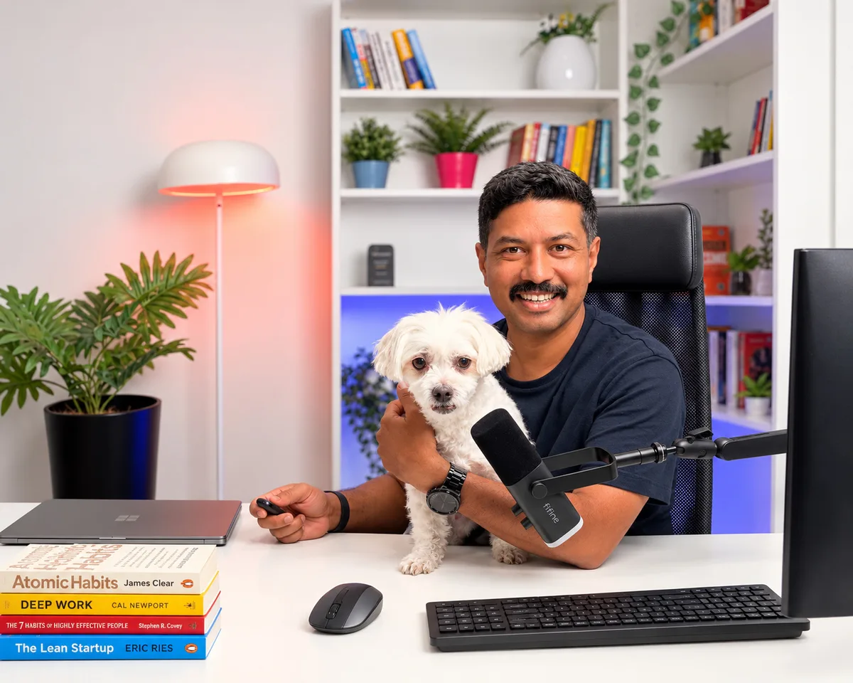 Nirmal Gyanwali with his small white dog at his office desk