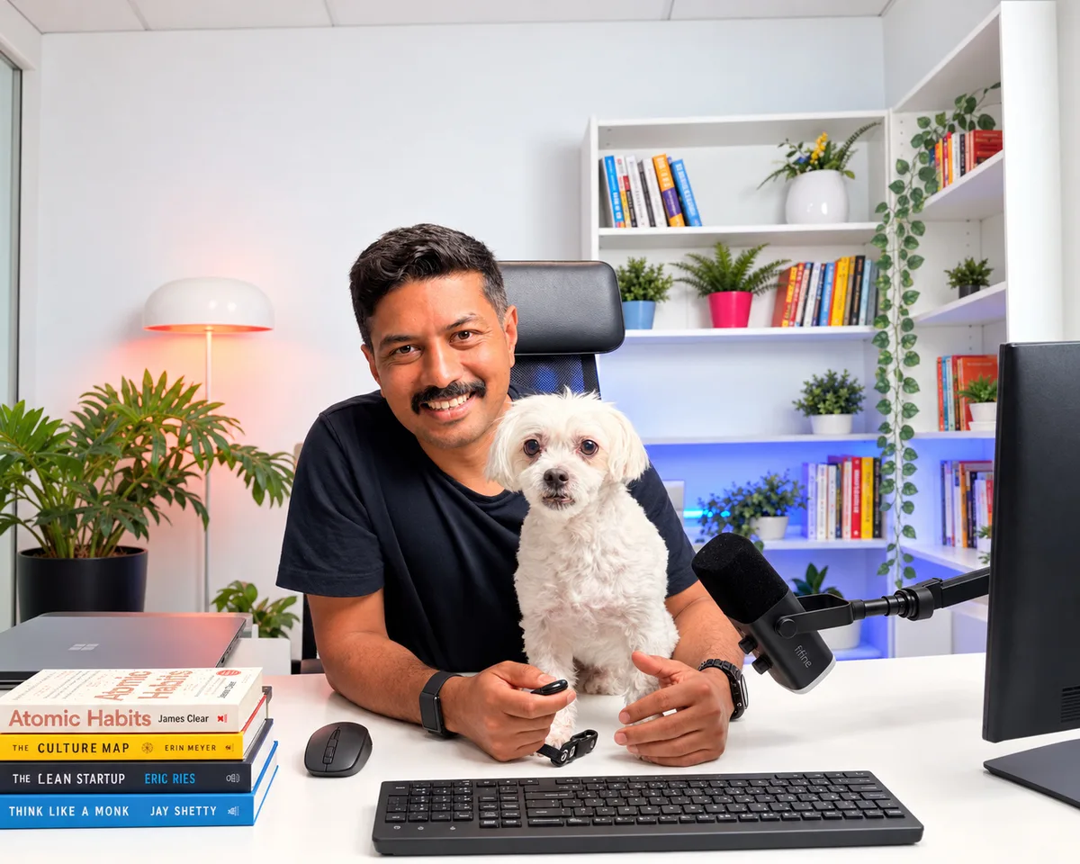 Nirmal Gyanwali leaning on his desk beside his small white dog