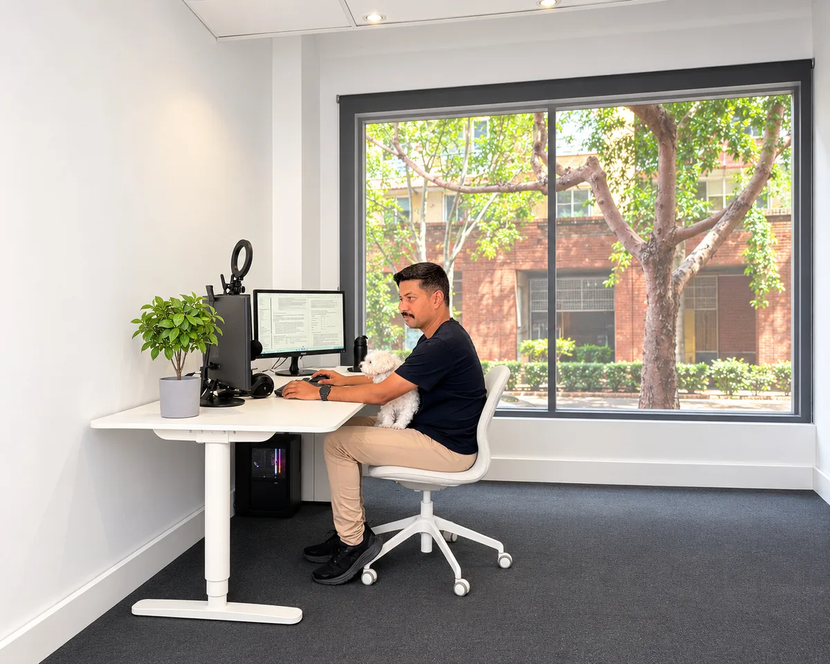 Nirmal Gyanwali working at a window desk in the WP Creative office in Ultimo, Sydney