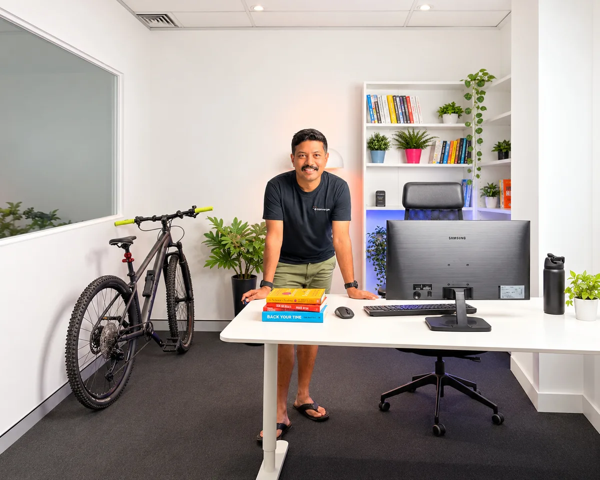 Nirmal Gyanwali standing in his video studio beside a desk and a bike