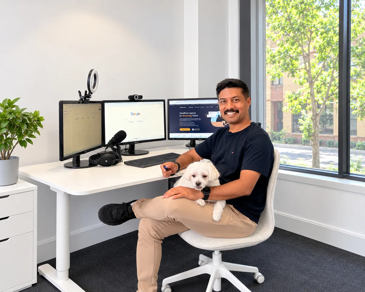 Nirmal Gyanwali at his multi-screen desk with his dog on his lap
