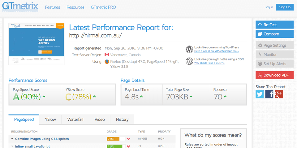 GTmetrix's website performance tool to test your website speed