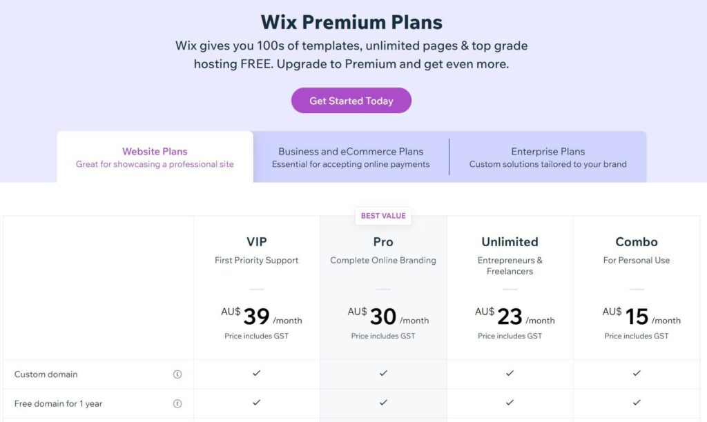 Wix Pricing Plans for DIY