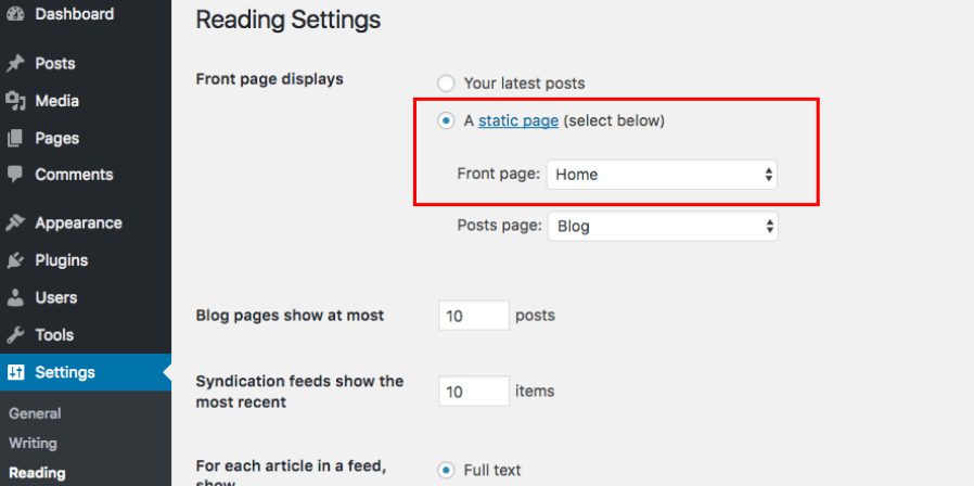 Frontpage settings
