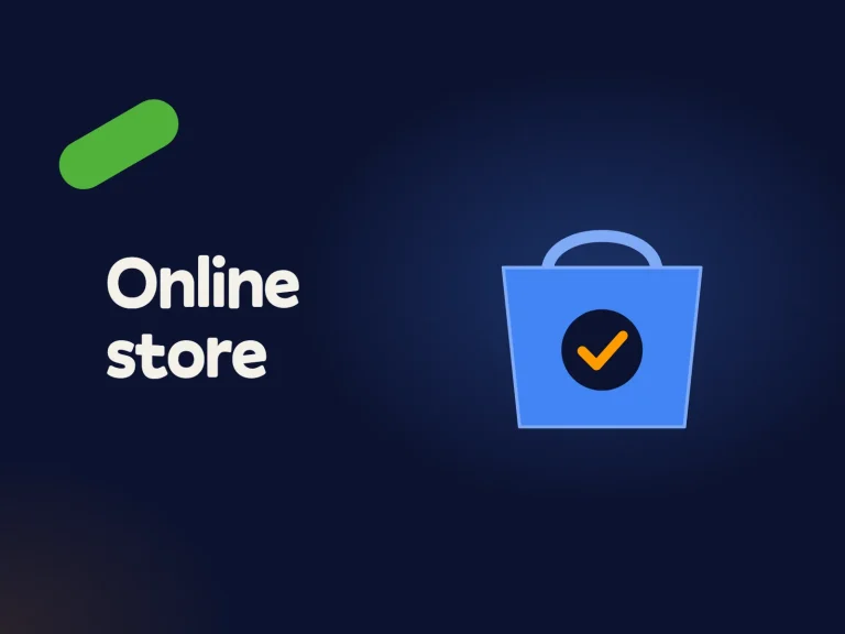 A blue shopping bag with an orange tick next to the words Online store.