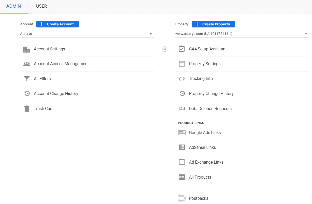 Google Analytics Admin Section