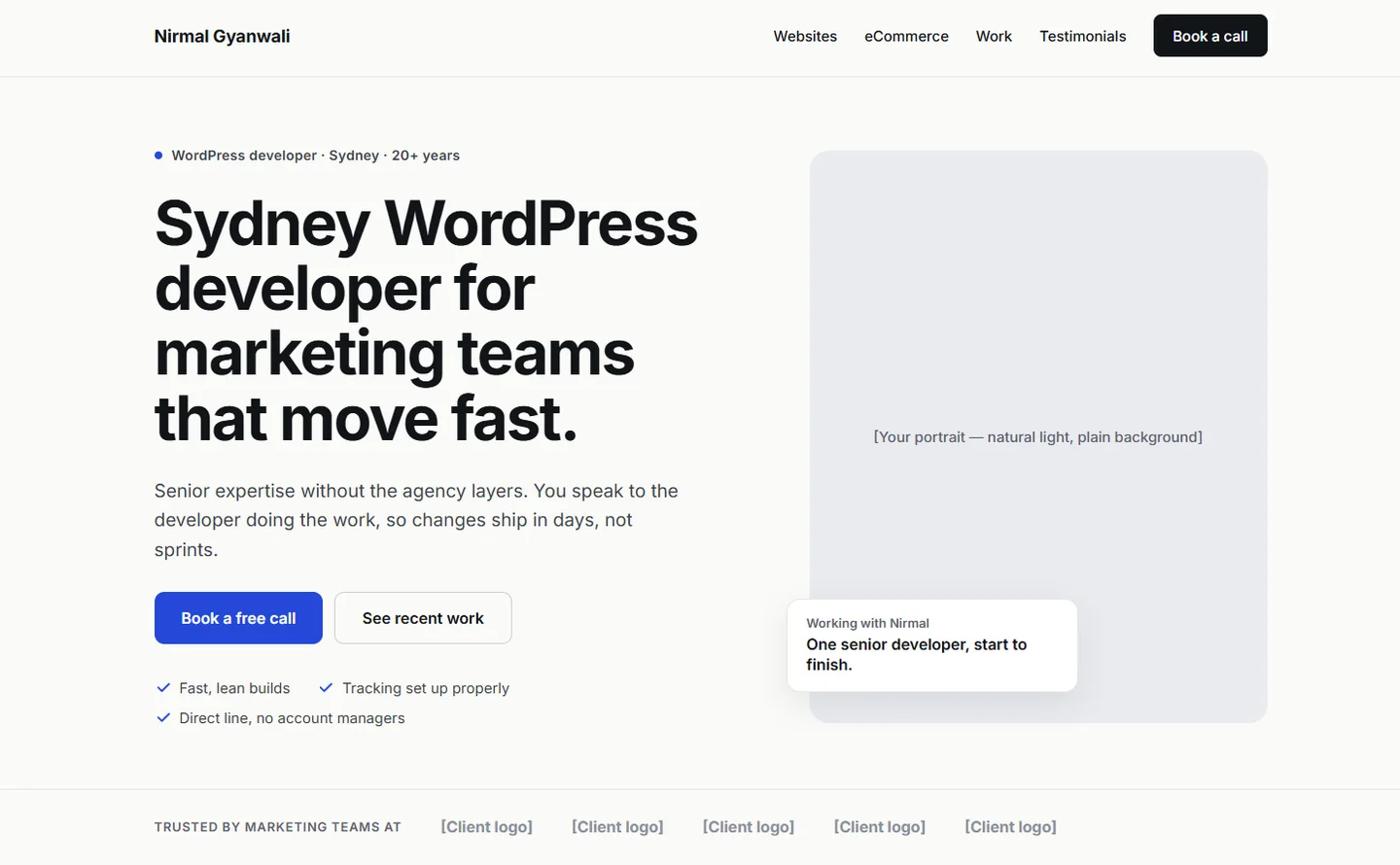 First AI homepage attempt from almost no brief: a light template with the headline "Sydney WordPress developer for marketing teams that move fast", and grey placeholder boxes where the portrait and client logos should be.