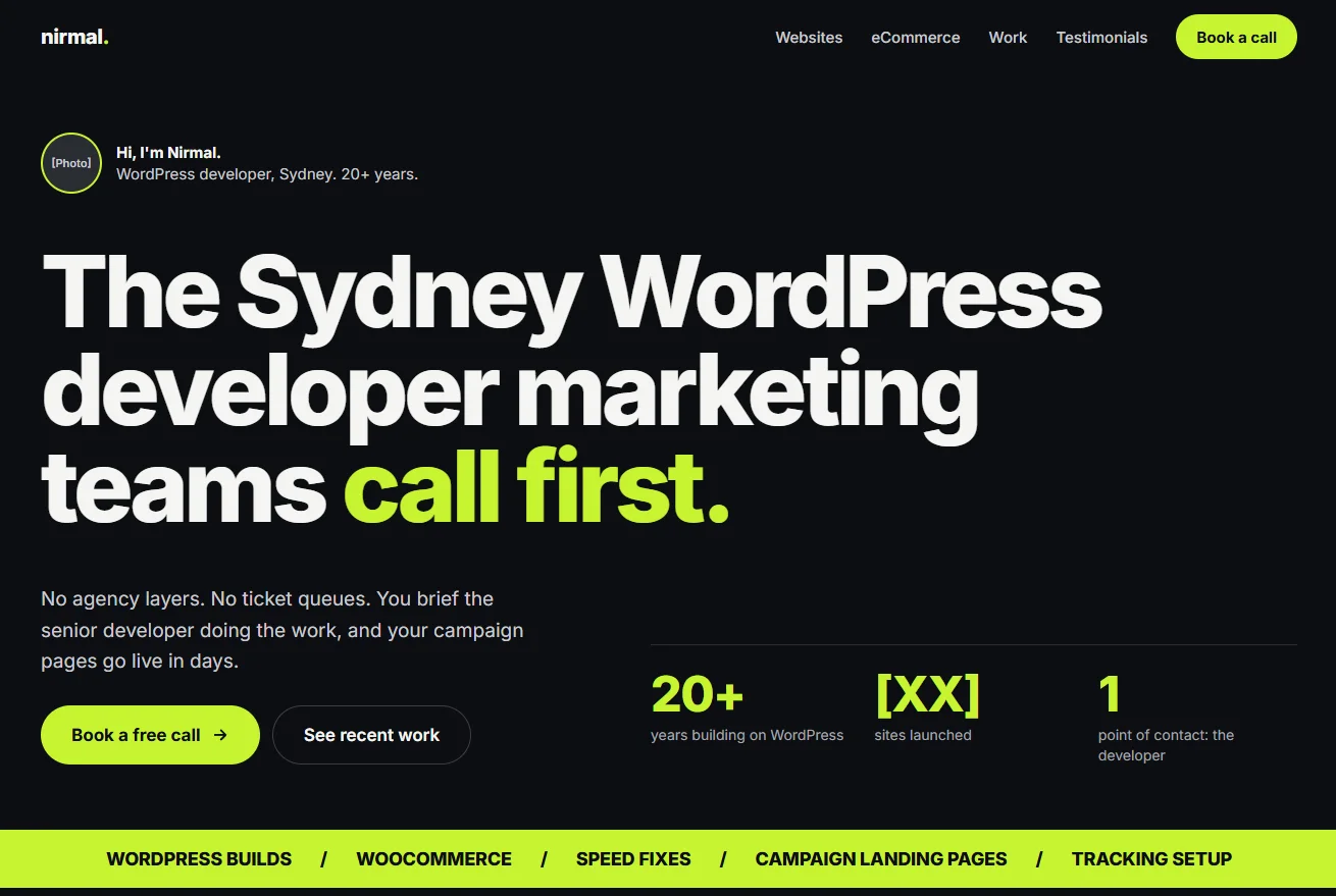 Second AI homepage attempt after asking for a dark background: the same layout on black with a lime-green accent and placeholders for a photo and a site count.