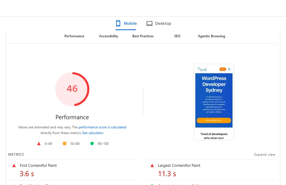PageSpeed Insights for the old homepage on mobile, 24 October 2026: performance 46, largest contentful paint 11.3 seconds.