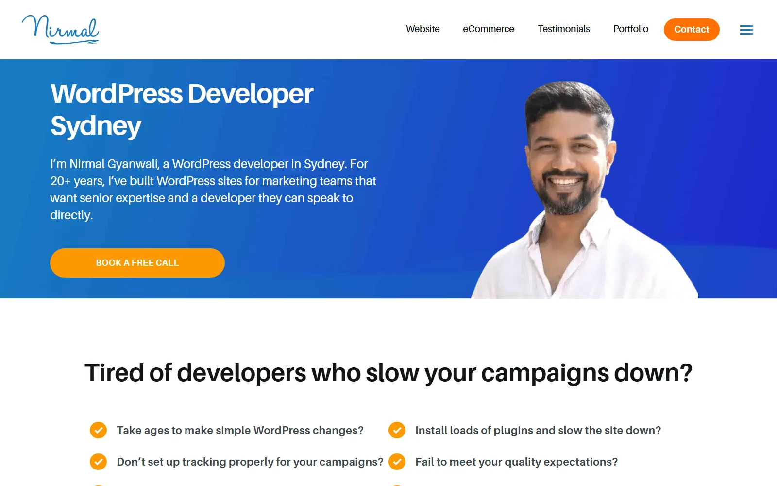 The old nirmal.com.au homepage before the rebuild: a blue "WordPress Developer Sydney" banner, a headshot and a checklist of developer complaints.