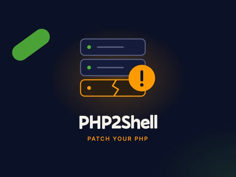 A server stack with its bottom layer cracked and a warning badge, above the words PHP2Shell and Patch your PHP.
