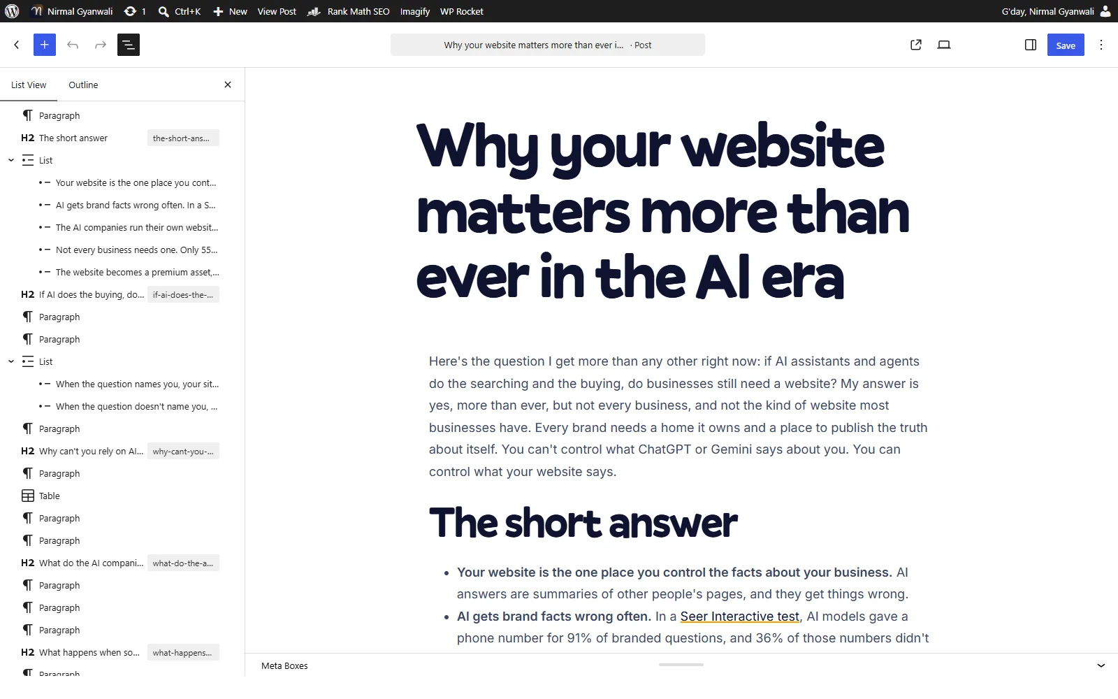 The WordPress block editor showing an article as plain headings, paragraphs and lists in List View, with no page-builder layers.