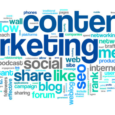Content marketing concept in word tag cloud on white background
